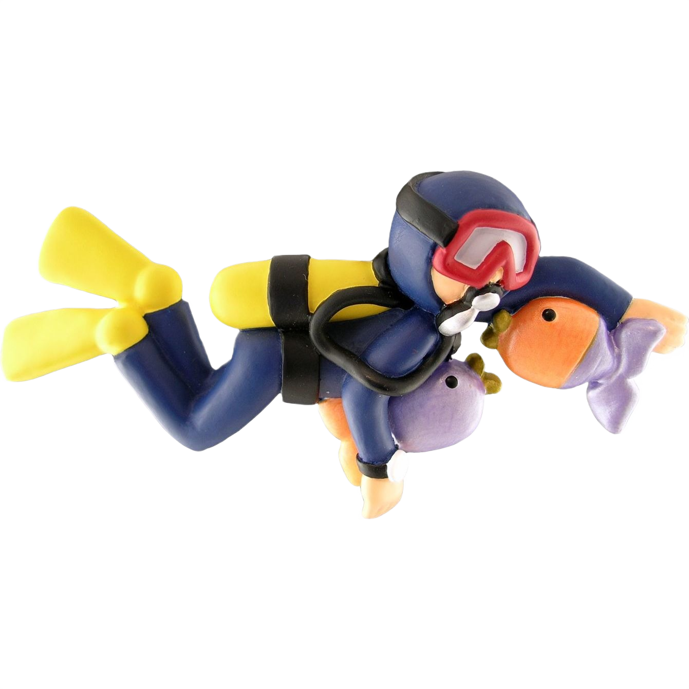 Personalized male scuba diver ornament with blue suit and yellow fins holding colorful fish in Christmas Ornaments & Tree Decorations collection