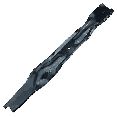 Black steel mower blade with center mounting hole and curved cutting edges for walk-behind lawn mower maintenance and tools use