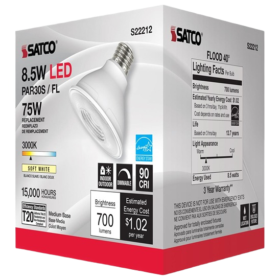 Satco 8.5 watt LED soft white floodlight bulb with medium base, dimmable, and suitable for indoor and outdoor use