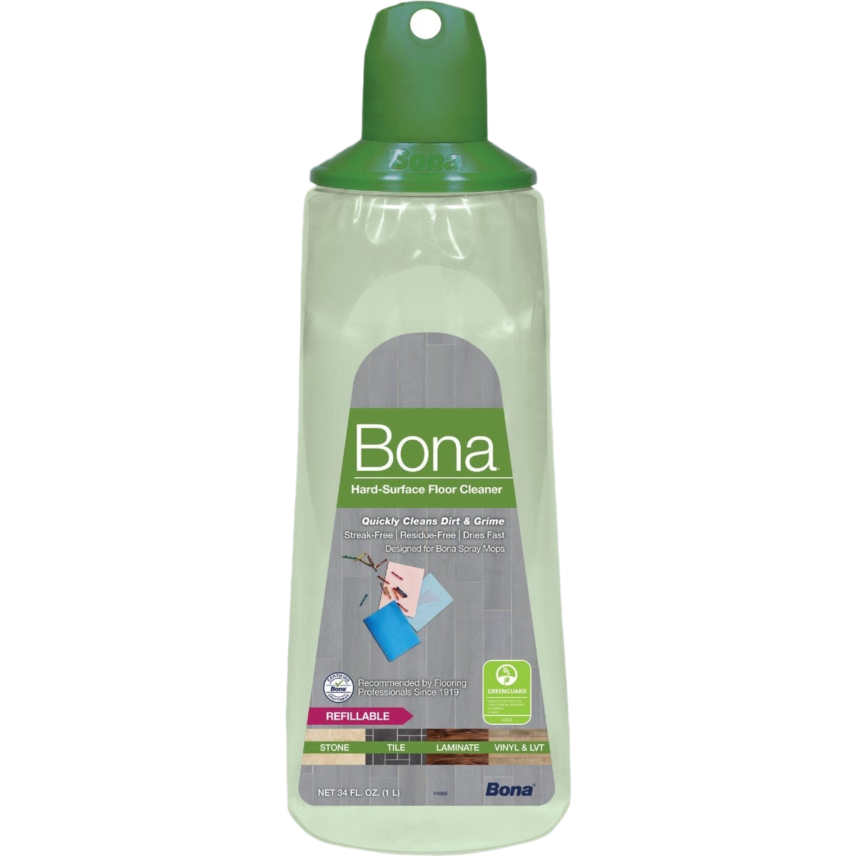 Refill bottle of Bona stone, tile, and laminate floor cleaner with green cap for home improvement use