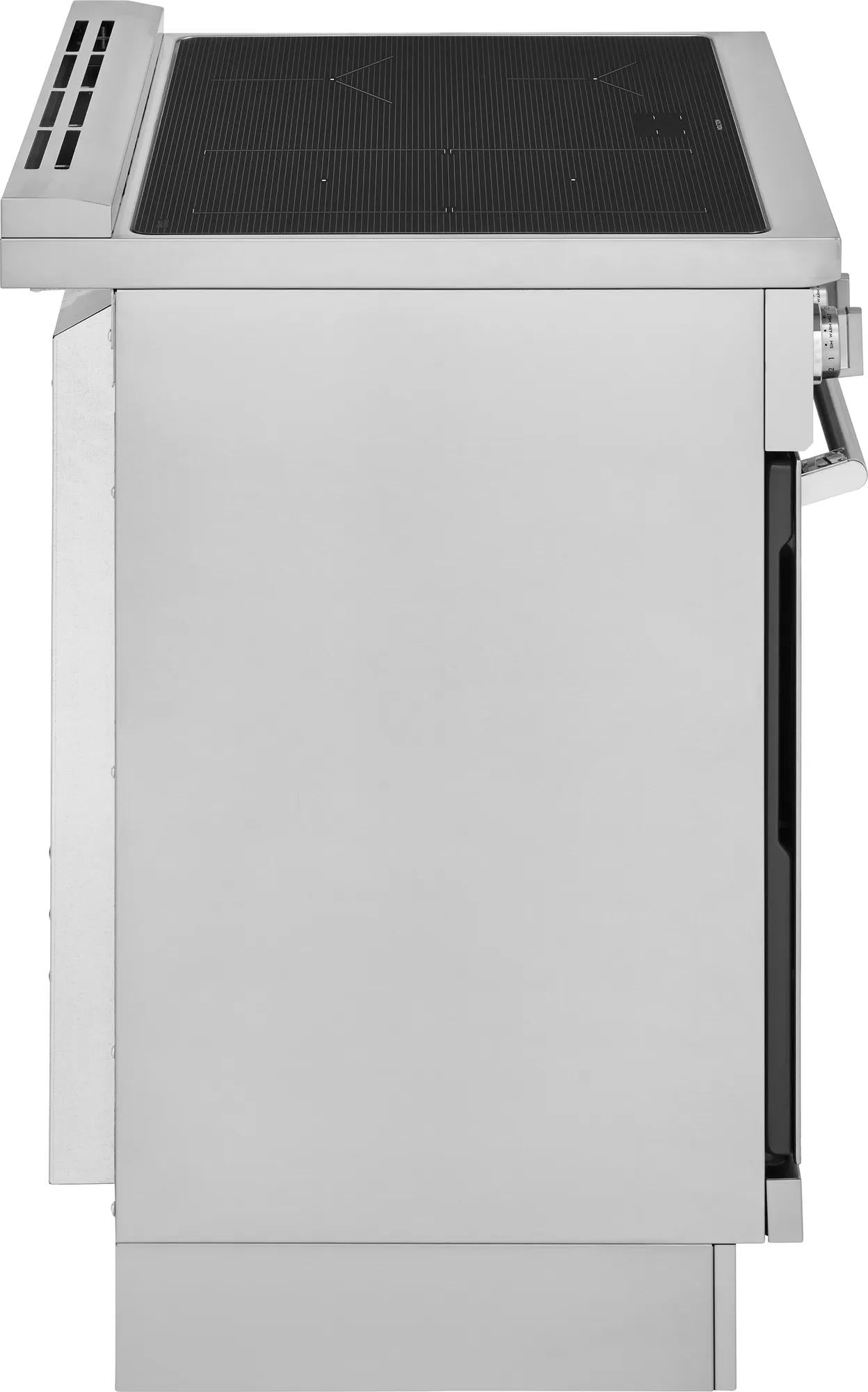 Side view of stainless steel freestanding induction range with smooth cooktop and control knobs in kitchen appliances collection