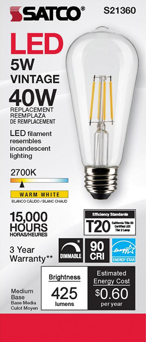 Clear vintage-style LED filament bulb with warm white 2700K light, energy-efficient and dimmable for Electrical collections under $50.