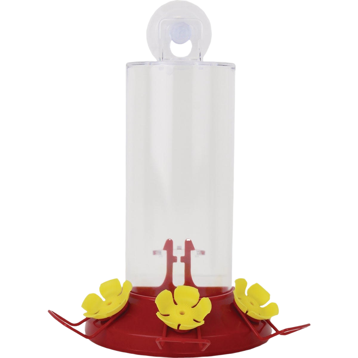 Clear acrylic hummingbird feeder with red base and yellow flower-shaped feeding ports for window mounting
