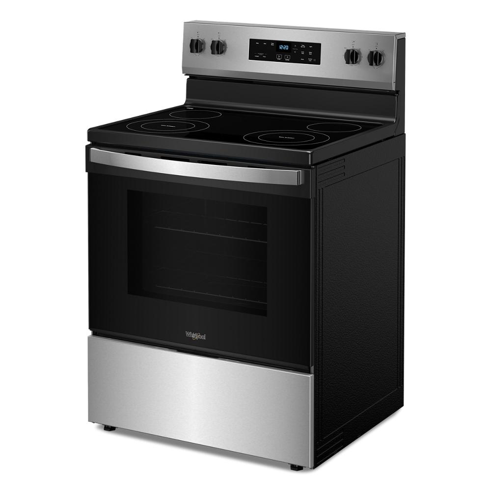 Angled view of a stainless steel and black electric range with smooth cooktop and digital control panel from Ranges collection