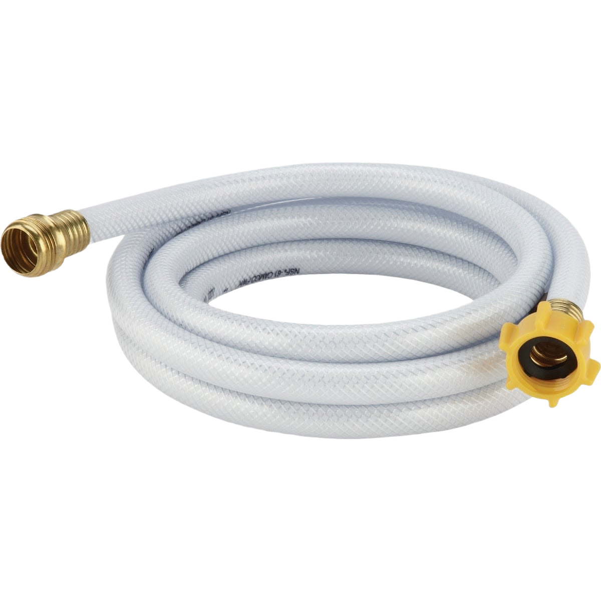 White braided fresh water hose with brass fittings and yellow plastic connector for RV and home use