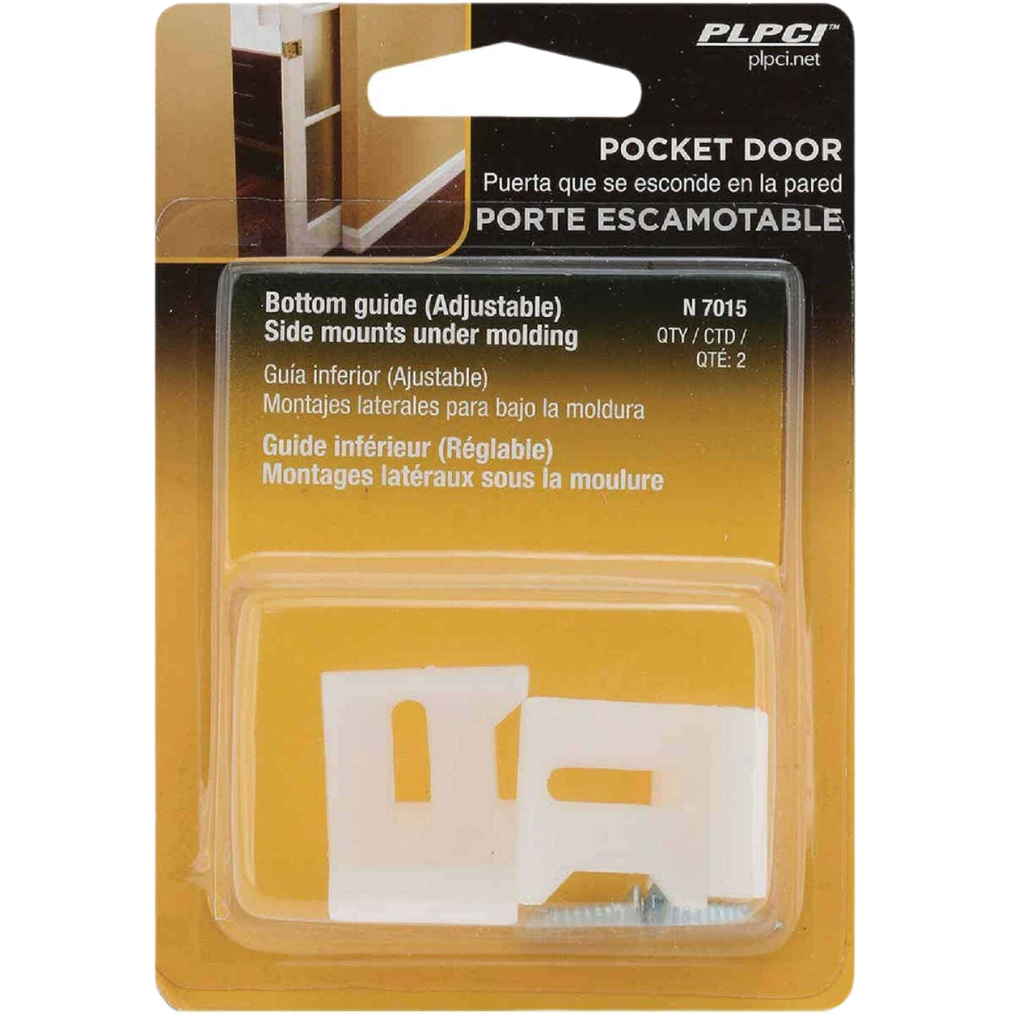 Two adjustable white plastic bottom guides for pocket doors in retail packaging for home improvement hardware under $50