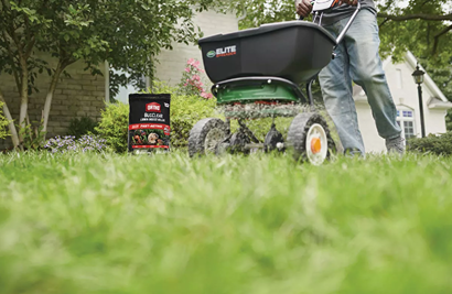 Person pushing a lawn spreader applying fast-acting insect killer from a black and red bag in outdoor lawn care setting