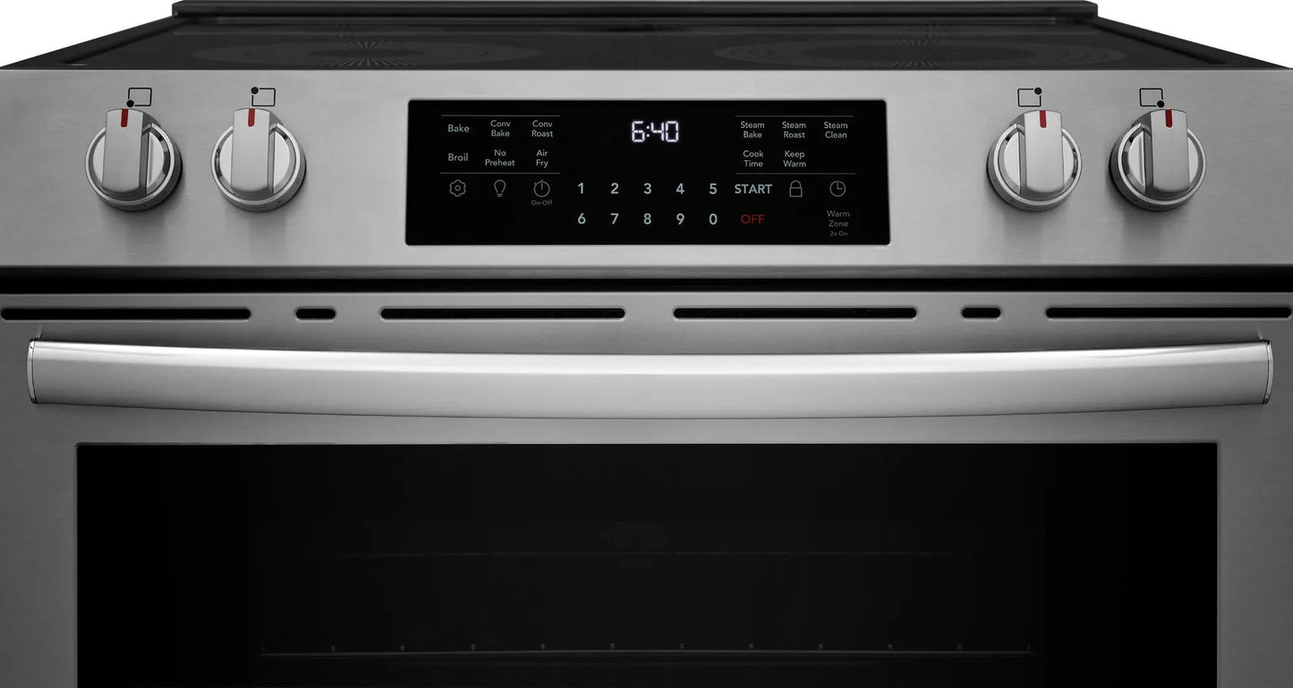 Stainless steel electric range with front control knobs and digital display in Ranges and Kitchen & Kitchenware collections