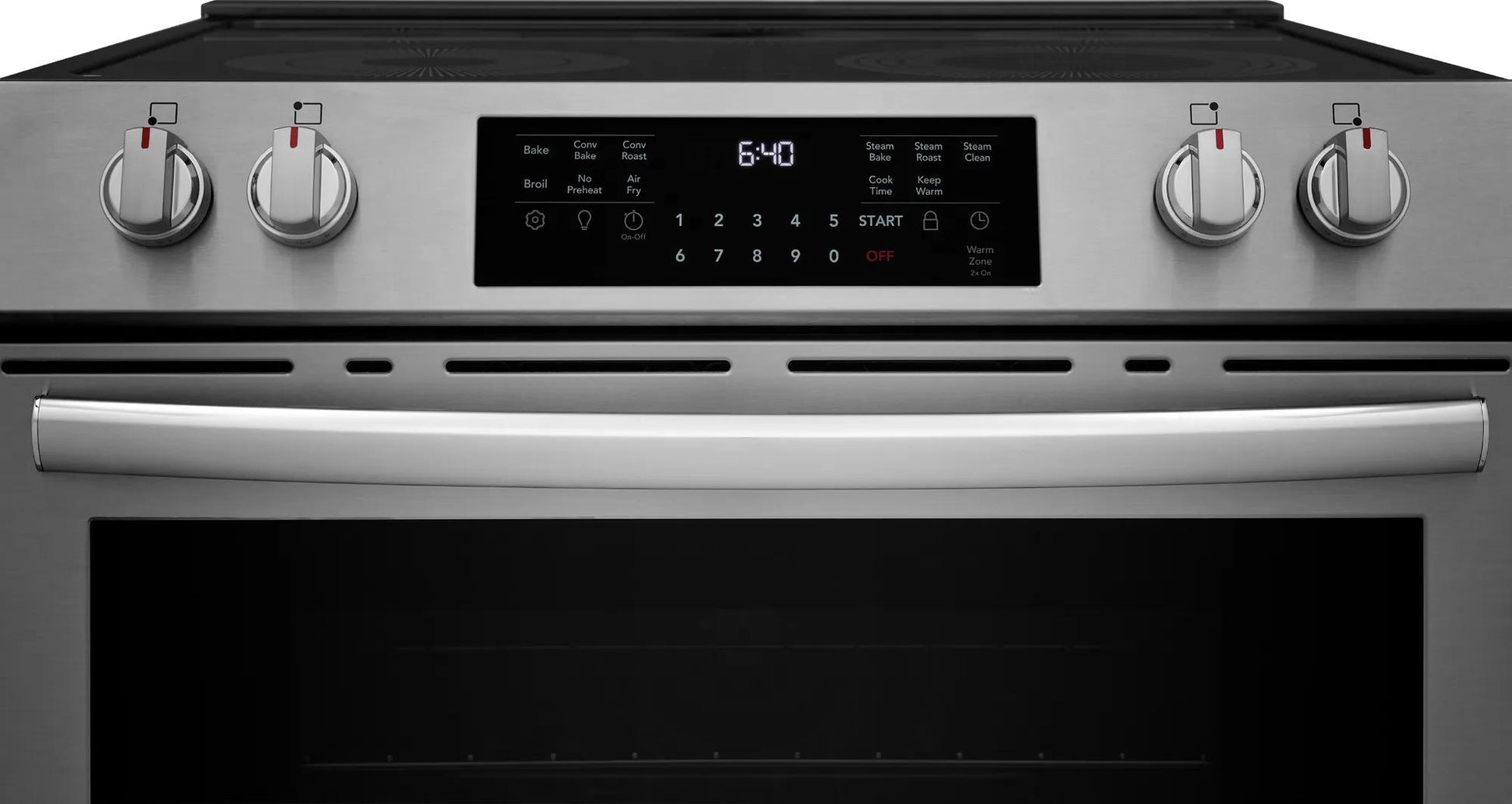 Stainless steel electric range with front control knobs and digital display in Ranges and Kitchen & Kitchenware collections