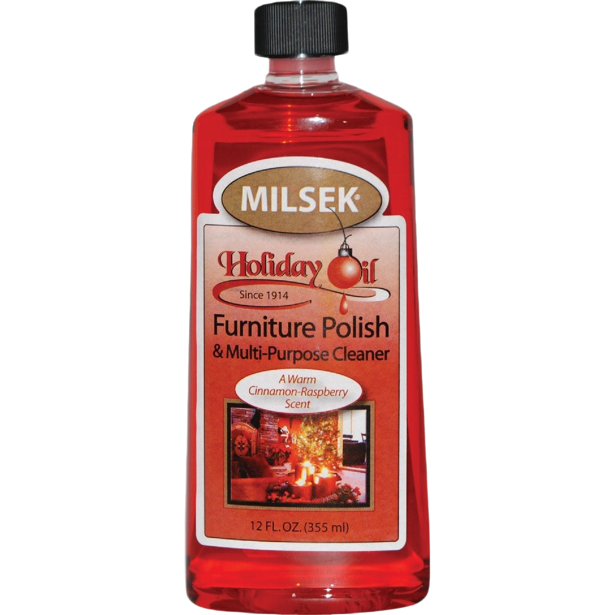 12 oz bottle of Milsek Holiday Oil furniture polish and multi-purpose cleaner with cinnamon-raspberry scent in Cleaning Supplies