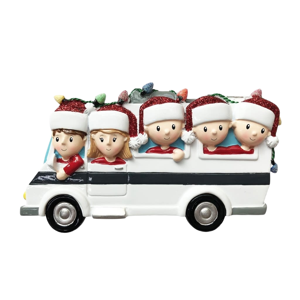 White RV ornament with five smiling family figures wearing red Santa hats in Christmas Ornaments & Tree Decorations collection