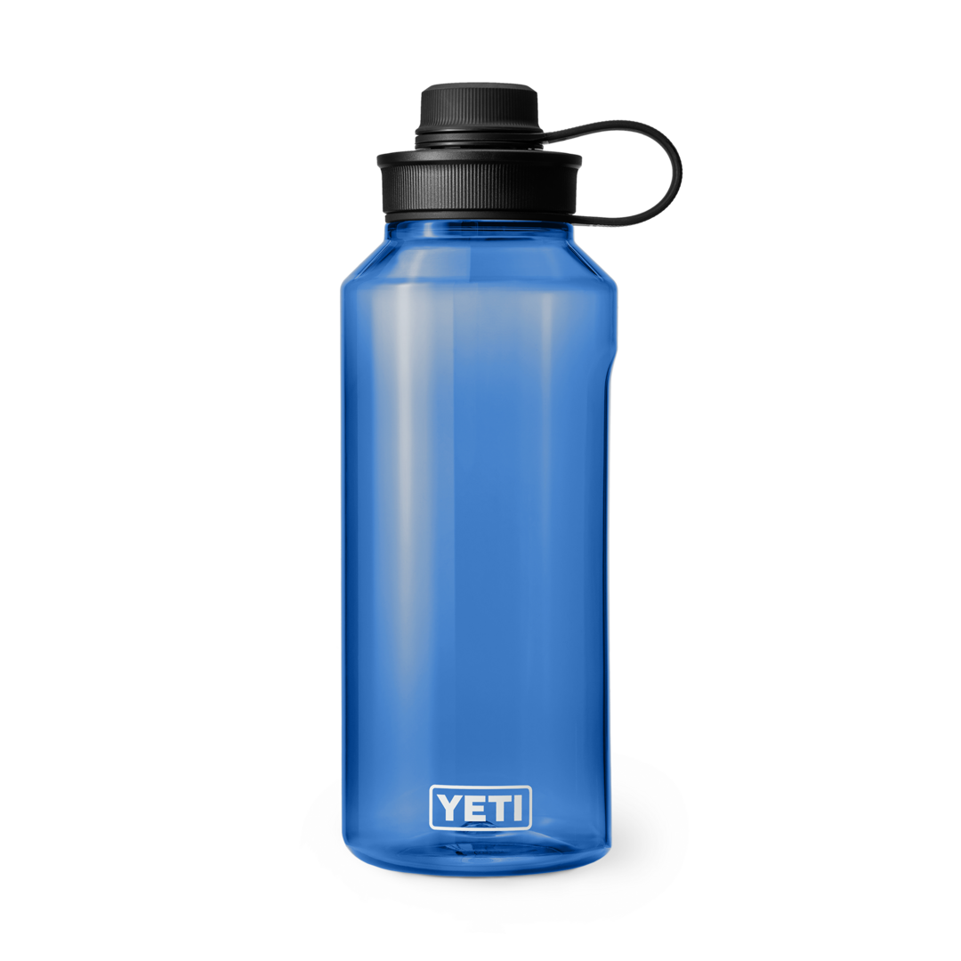 Blue 50 oz. water bottle with black tether cap, durable drinkware for kitchen, tableware, and outdoor activities