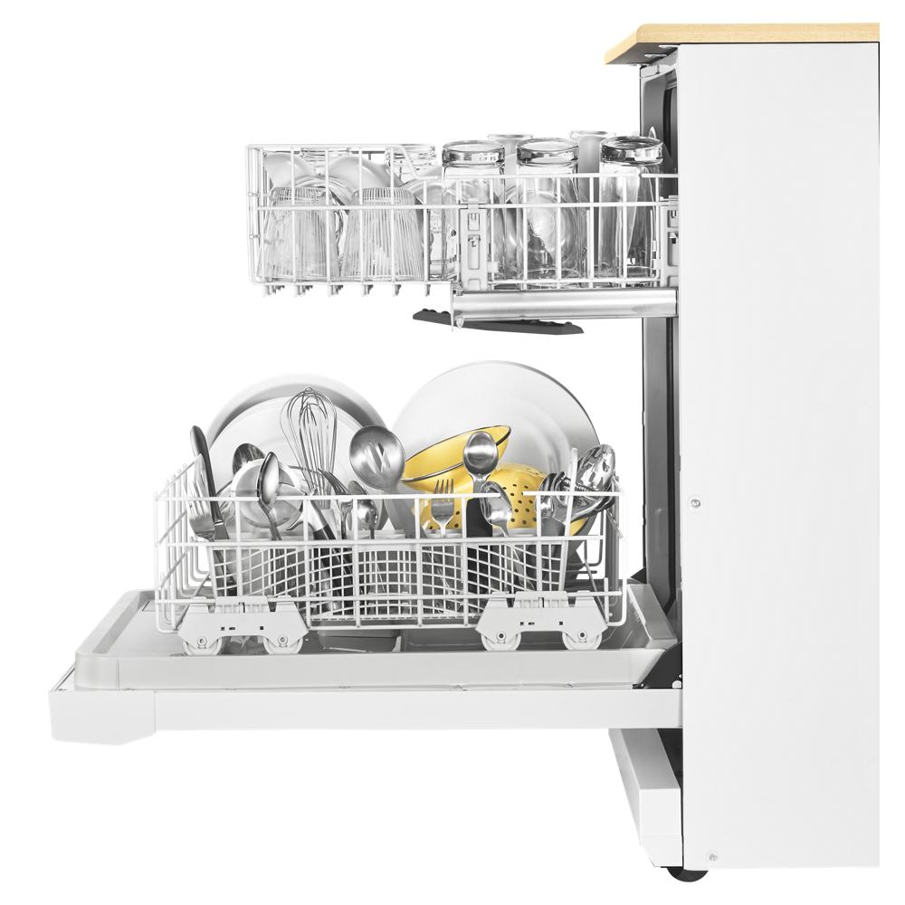 Open heavy-duty dishwasher with silverware, plates, and yellow colander in racks from Kitchen & Kitchenware collection