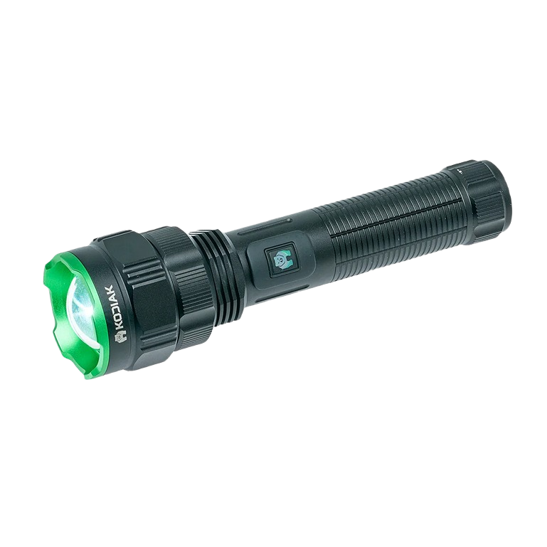 Black Kodiak tactical flashlight with green bezel and textured body for home improvement and outdoor tools use