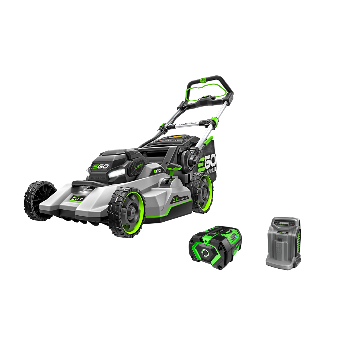 Self-propelled 21-inch cordless lawn mower with 7.5Ah battery and rapid charger for outdoor power equipment collection