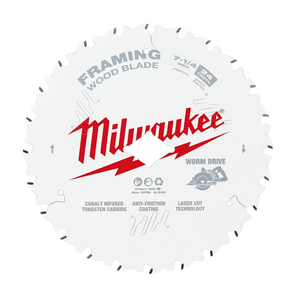 White Milwaukee 7-1/4 inch framing saw blade with 24 teeth, cobalt infused tungsten carbide, for woodworking tools collection