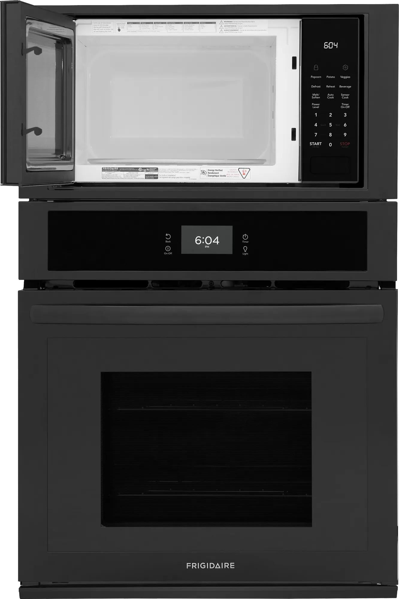 Black built-in microwave with open door and digital controls above electric wall oven with touchscreen display in appliances collection