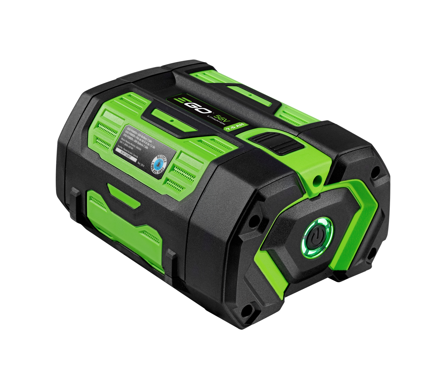 Green and black 7.5Ah cordless battery pack with fuel gauge and power button for tools and home improvement