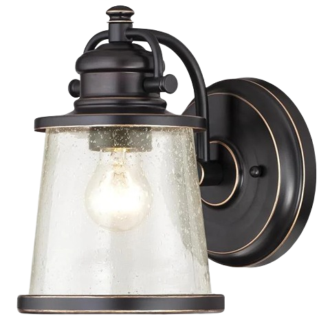 Outdoor wall lantern with amber bronze finish and clear seeded glass for warm outdoor lighting under $100 collections