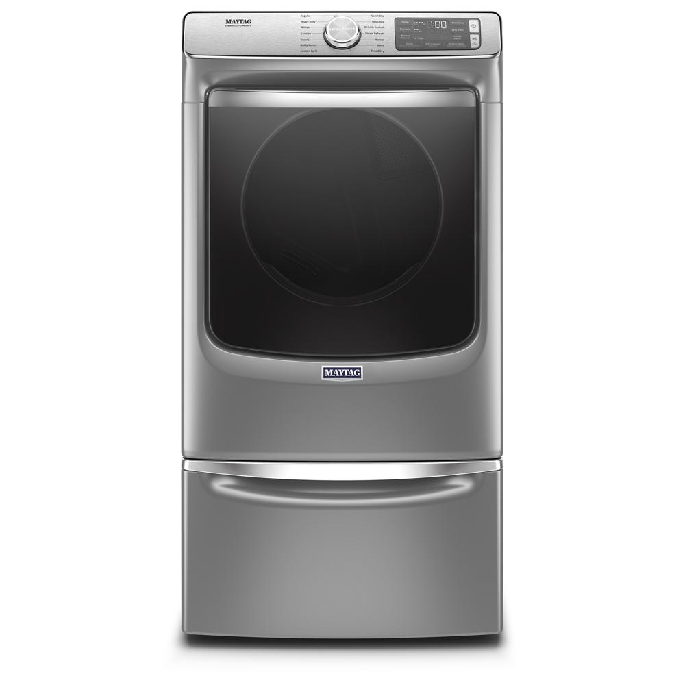 Stainless steel smart front load electric dryer with digital display and large tinted glass door from Dryers collection