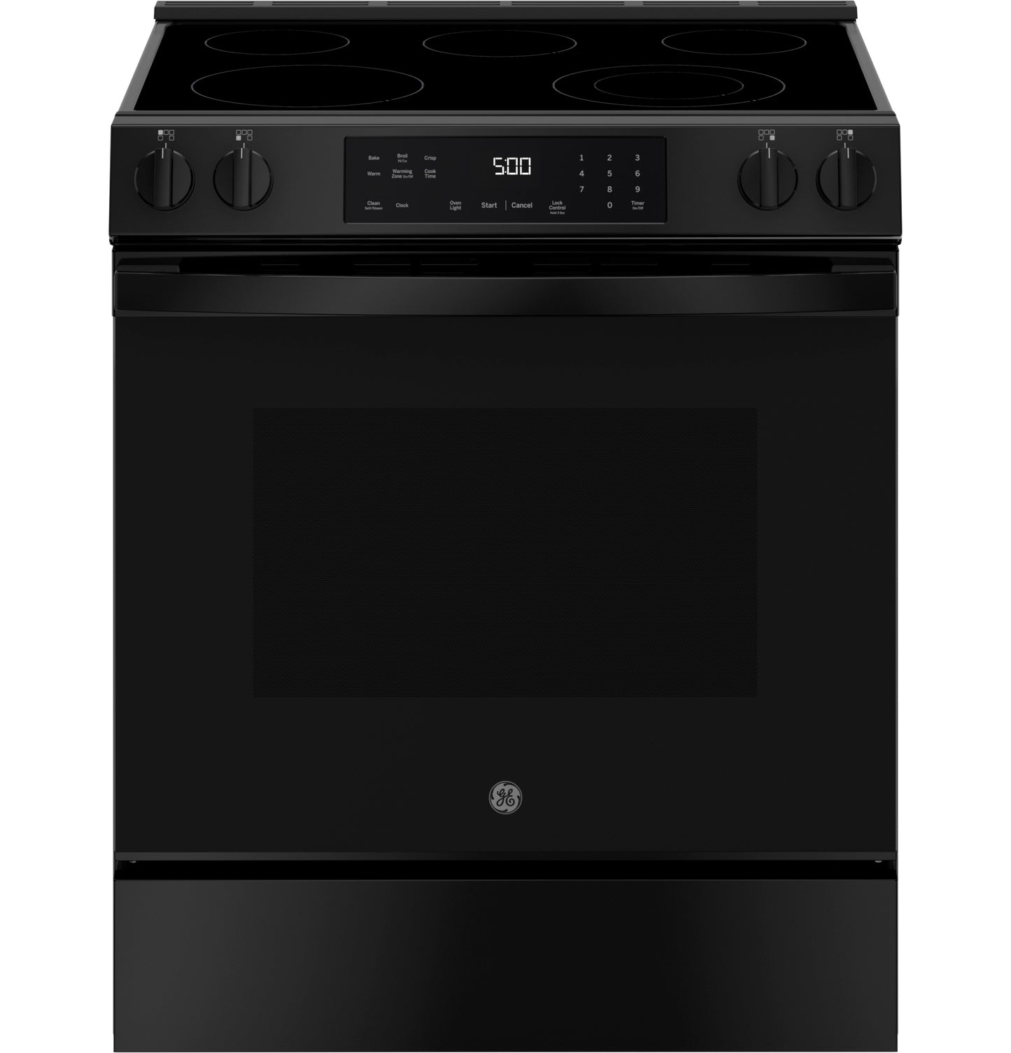 Black slide-in electric range with glass cooktop and digital control panel from Ranges & Cooktops collections