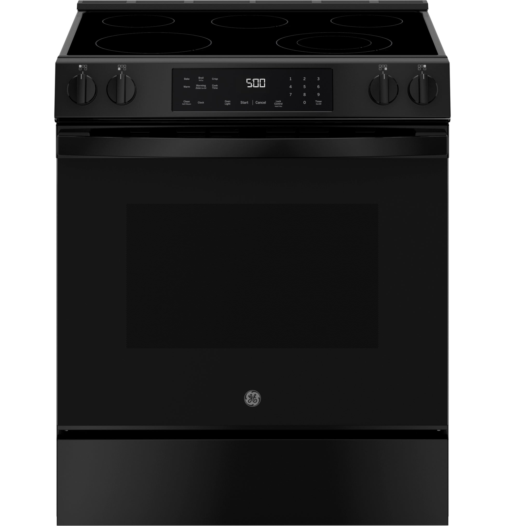 Black slide-in electric range with glass cooktop and digital control panel from Ranges & Cooktops collections