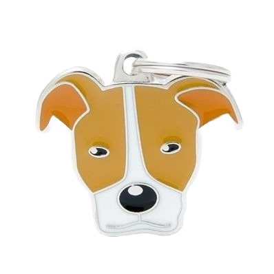 White and brown enamel pitbull dog ID tag with metal ring for pet identification and accessories