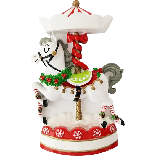 White horse carousel ornament decorated with red, green holly, and candy cane details for Christmas tree decor