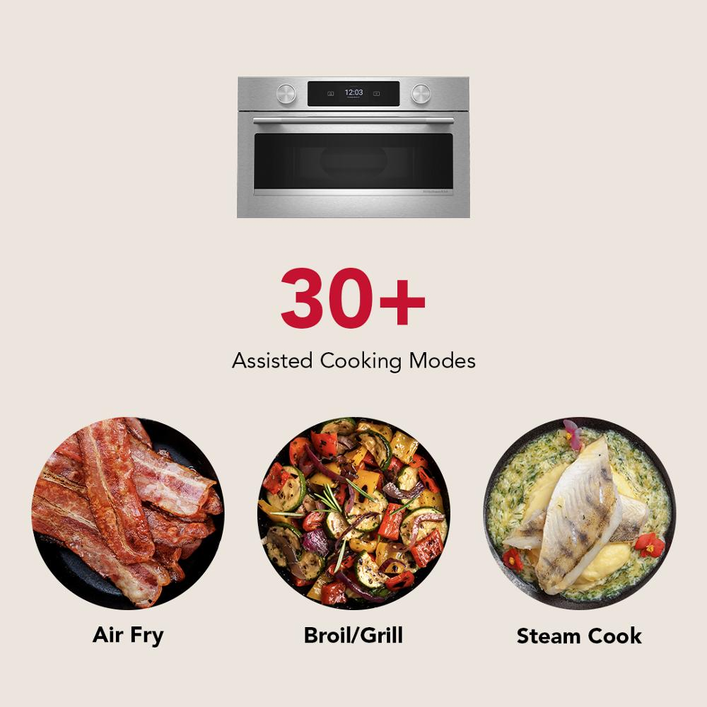 Stainless steel smart wall oven with LED controls above images of air-fried bacon, grilled vegetables, and steamed fish dishes