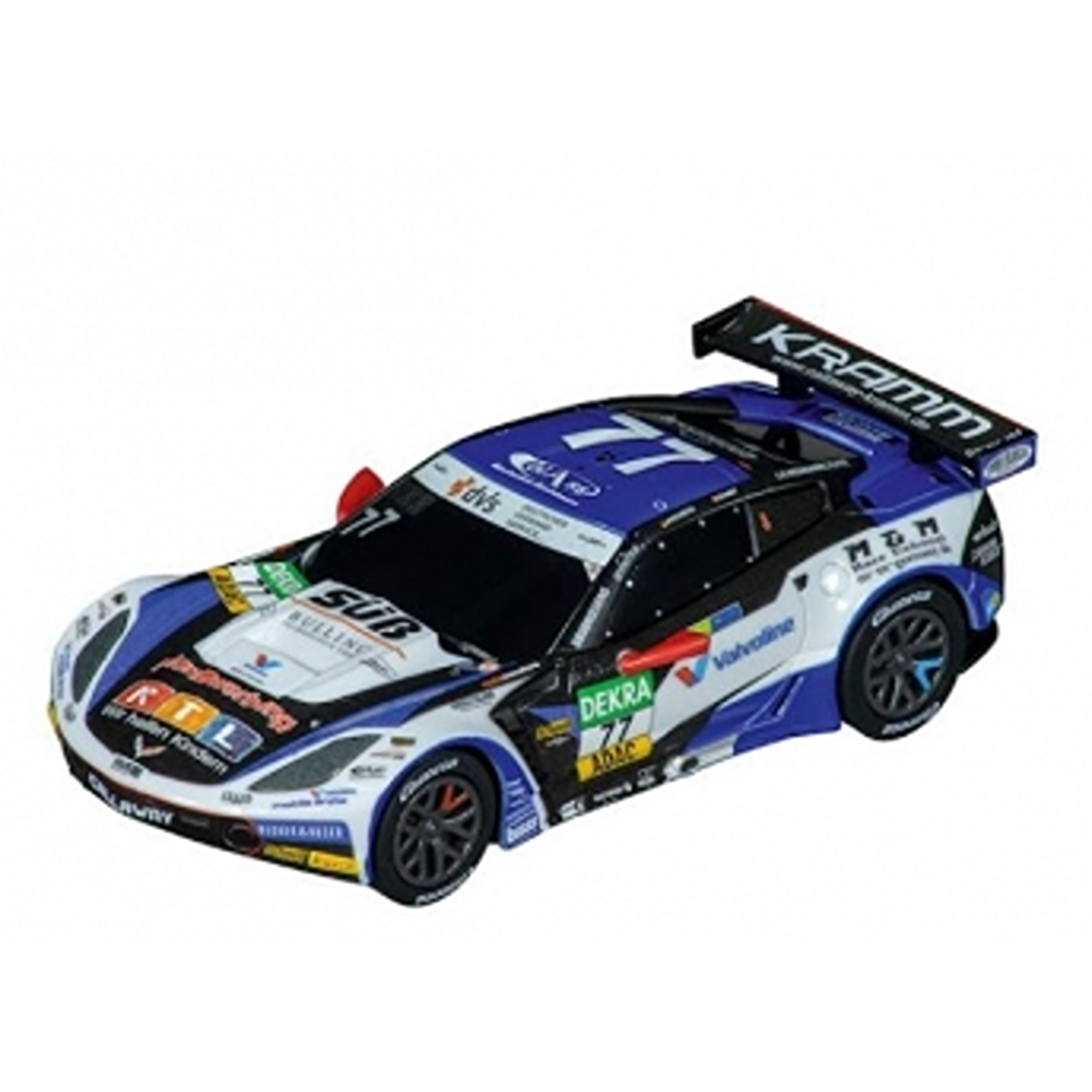 Blue and white 1:43 scale Corvette C7.R GT3 model race car with detailed decals and racing number 77