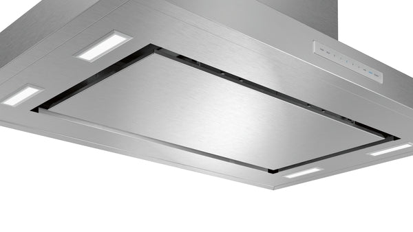 Stainless steel island range hood with integrated lighting and touch controls from Thermador at Hartville Hardware