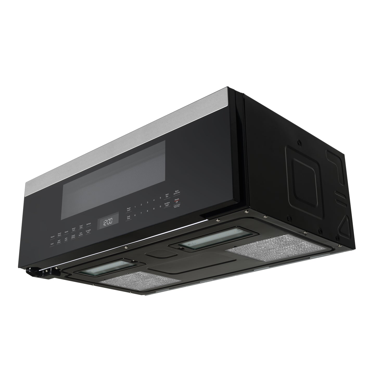 Black and stainless steel over-the-range microwave with digital sensor controls and built-in lighting in kitchen appliances collection