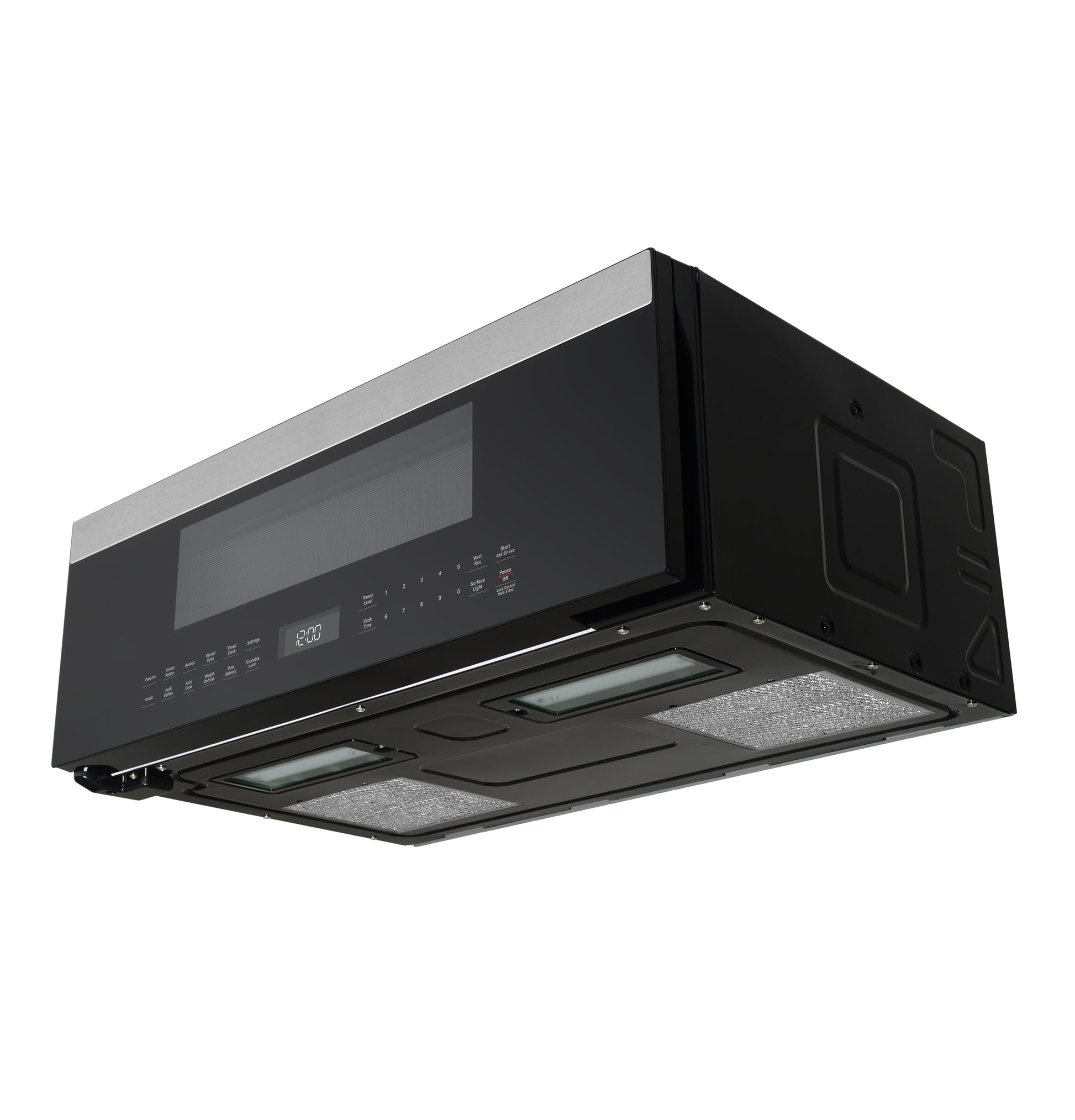 Black and stainless steel over-the-range microwave with digital sensor controls and built-in lighting in kitchen appliances collection