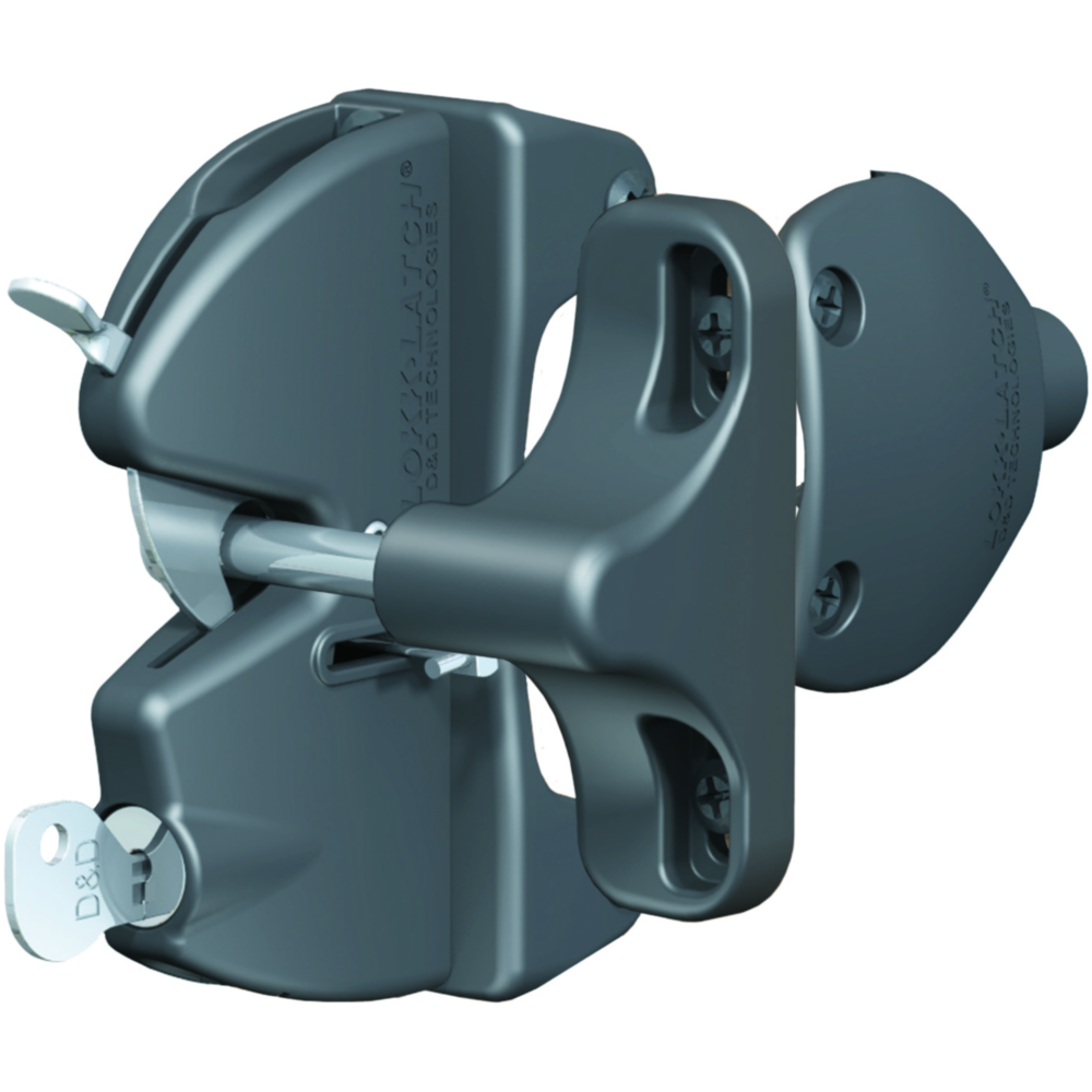 Dark gray key lockable gate latch with durable metal construction for gate hardware and door accessories collections