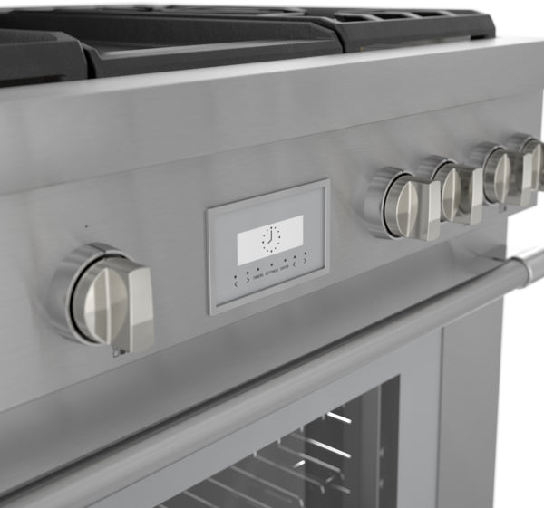 Close-up of stainless steel range control panel with knobs and digital interface from kitchen appliances collection
