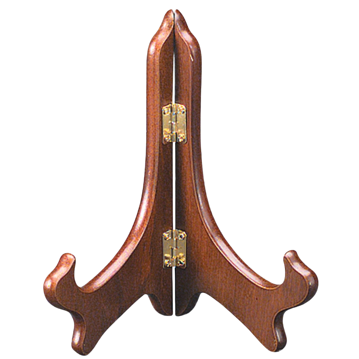 Folding wooden plate stand with brass hinges and curved supports for displaying plates or artwork in home settings