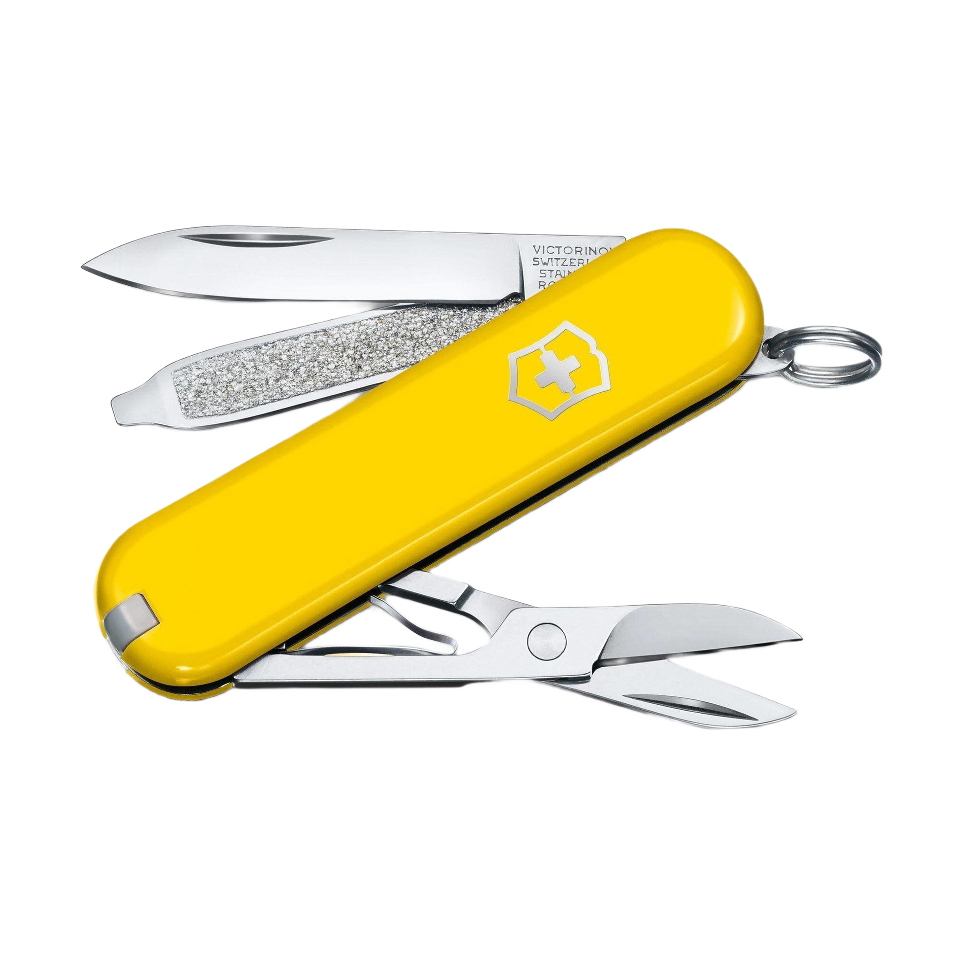 Compact yellow Swiss Army pocket knife with blade, nail file, scissors, and keyring for cutting and hand tool collections