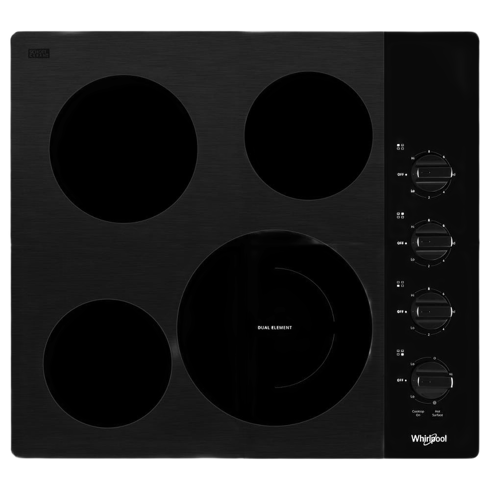 Black 24-inch electric ceramic glass cooktop with four heating elements and control knobs on right side