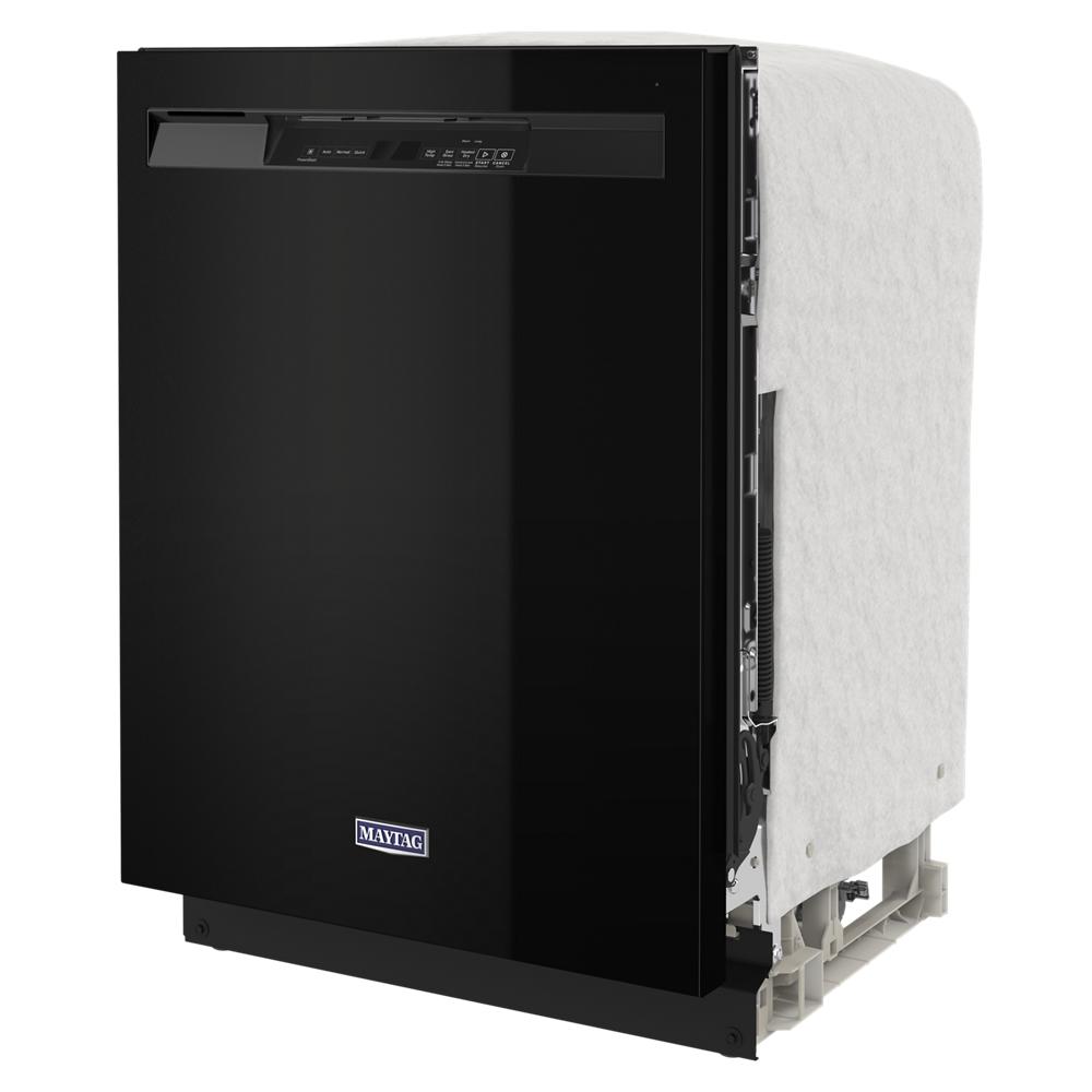 Side view of black front control dishwasher in kitchen appliances, dishwashers, and home improvement collections