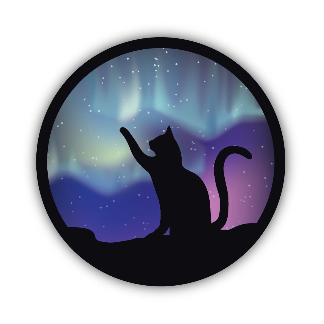Silhouette of a cat reaching upward against a colorful northern lights background in a circular design sticker