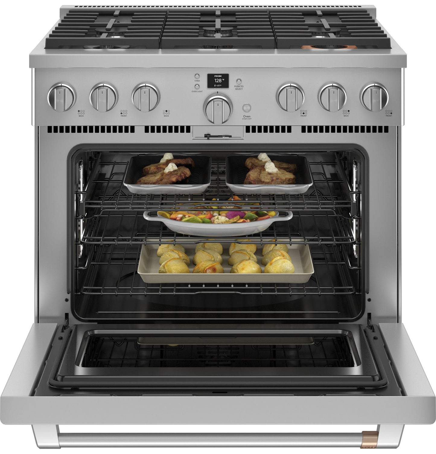 Open stainless steel smart dual-fuel range with six burners and food baking inside in ranges and kitchenware collection
