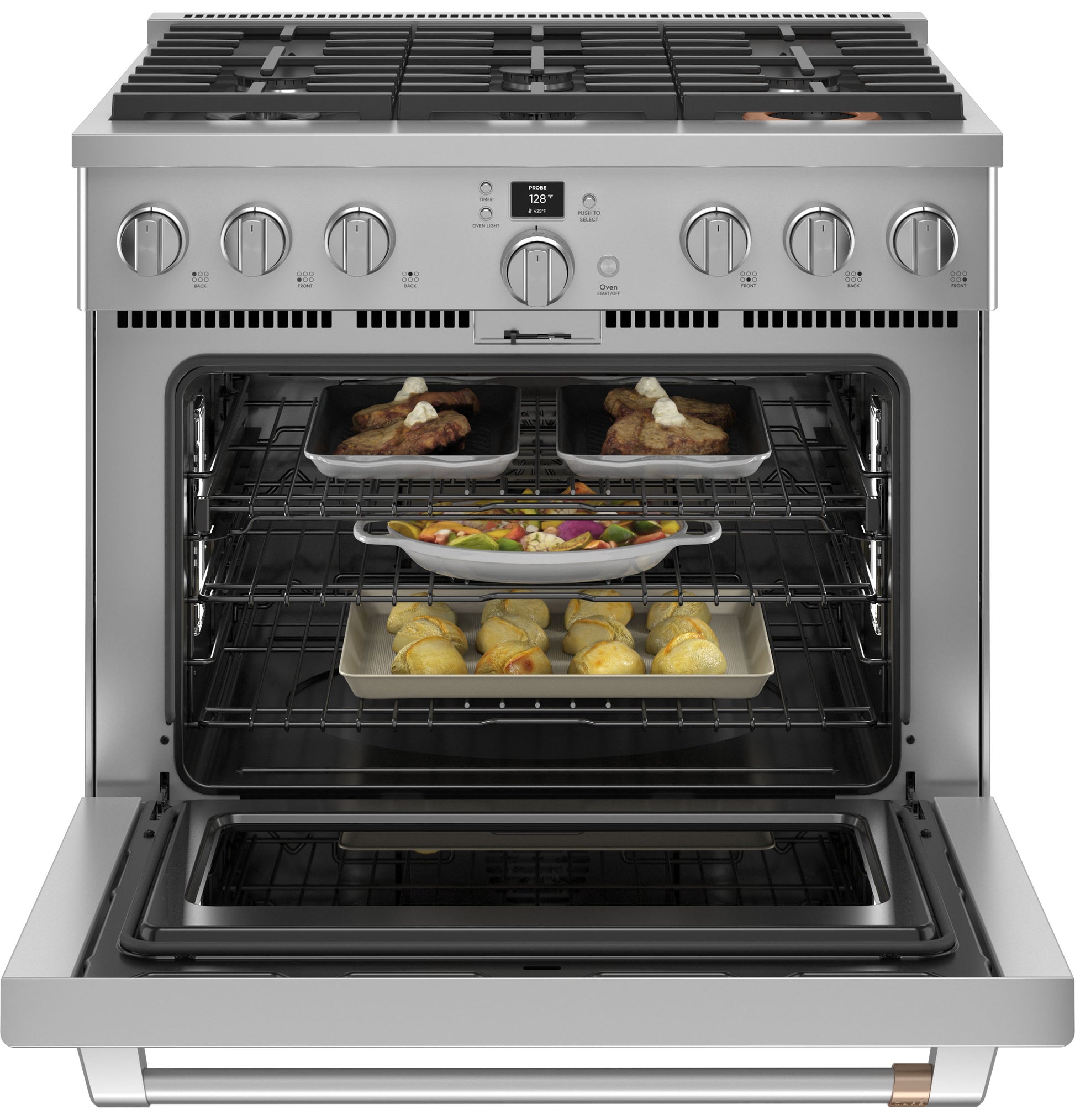 Open stainless steel smart dual-fuel range with six burners and food baking inside in ranges and kitchenware collection