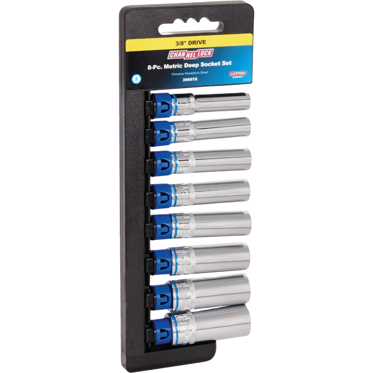 Chrome vanadium steel metric deep socket set with color-coded bands for improved grip in hand tools and socket collections