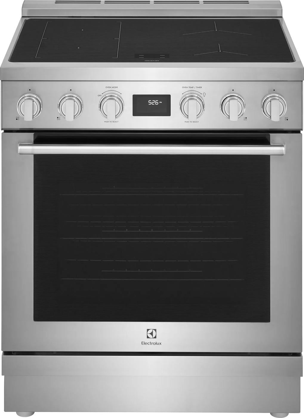 Freestanding induction range with stainless steel finish, control knobs, digital display, and large oven window in kitchen appliances collection