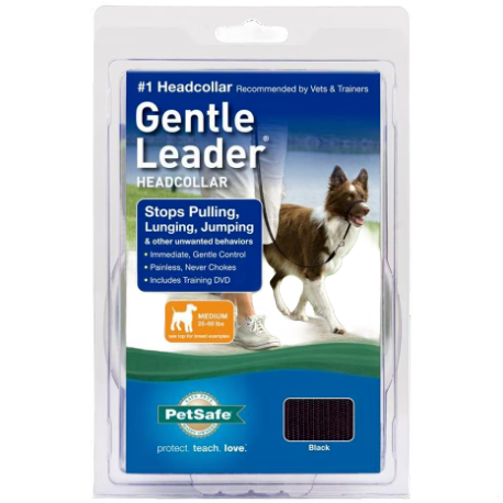 Clear plastic package containing a black dog headcollar designed to reduce pulling and jumping behaviors