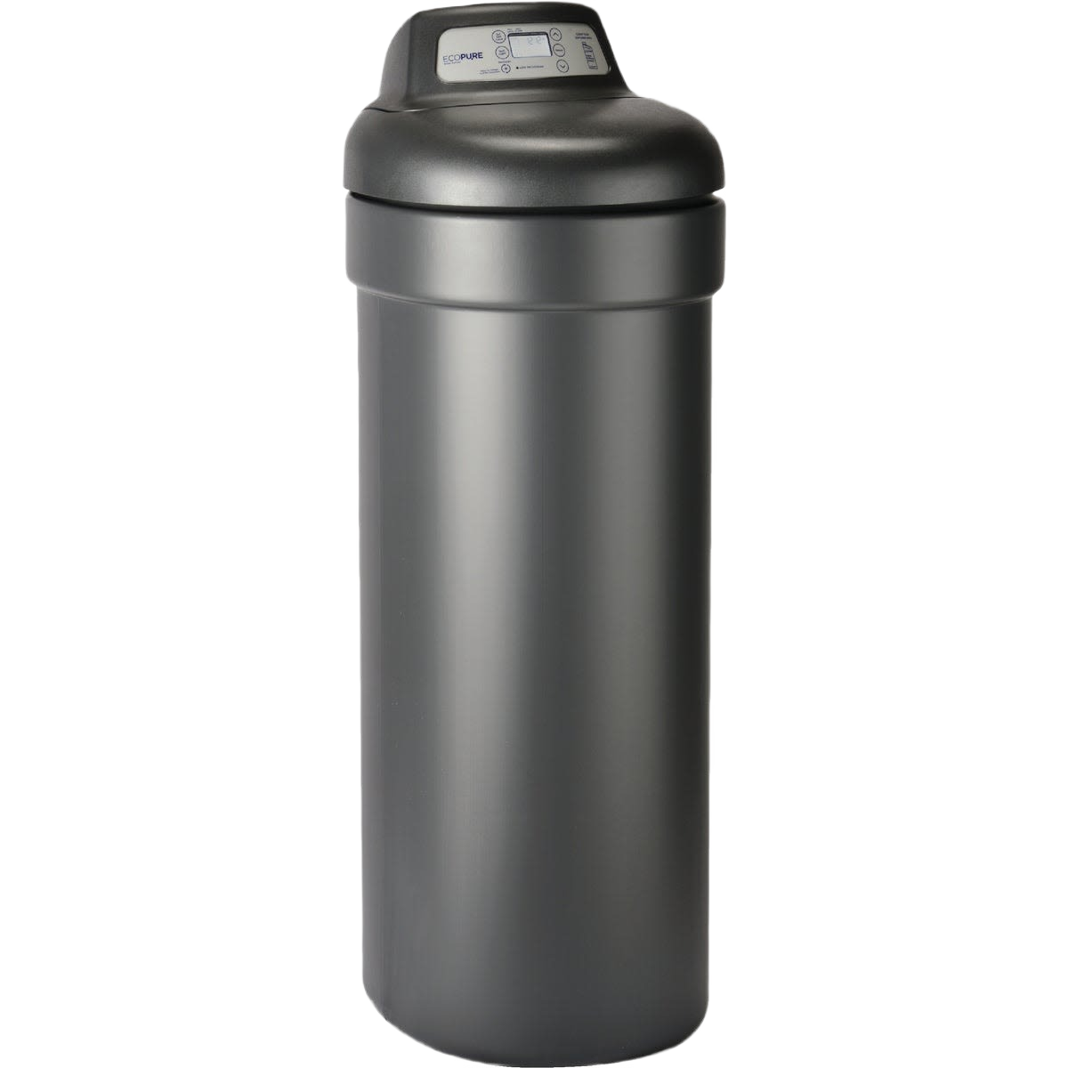 Tall dark gray water softener unit with digital control panel designed for home water treatment systems