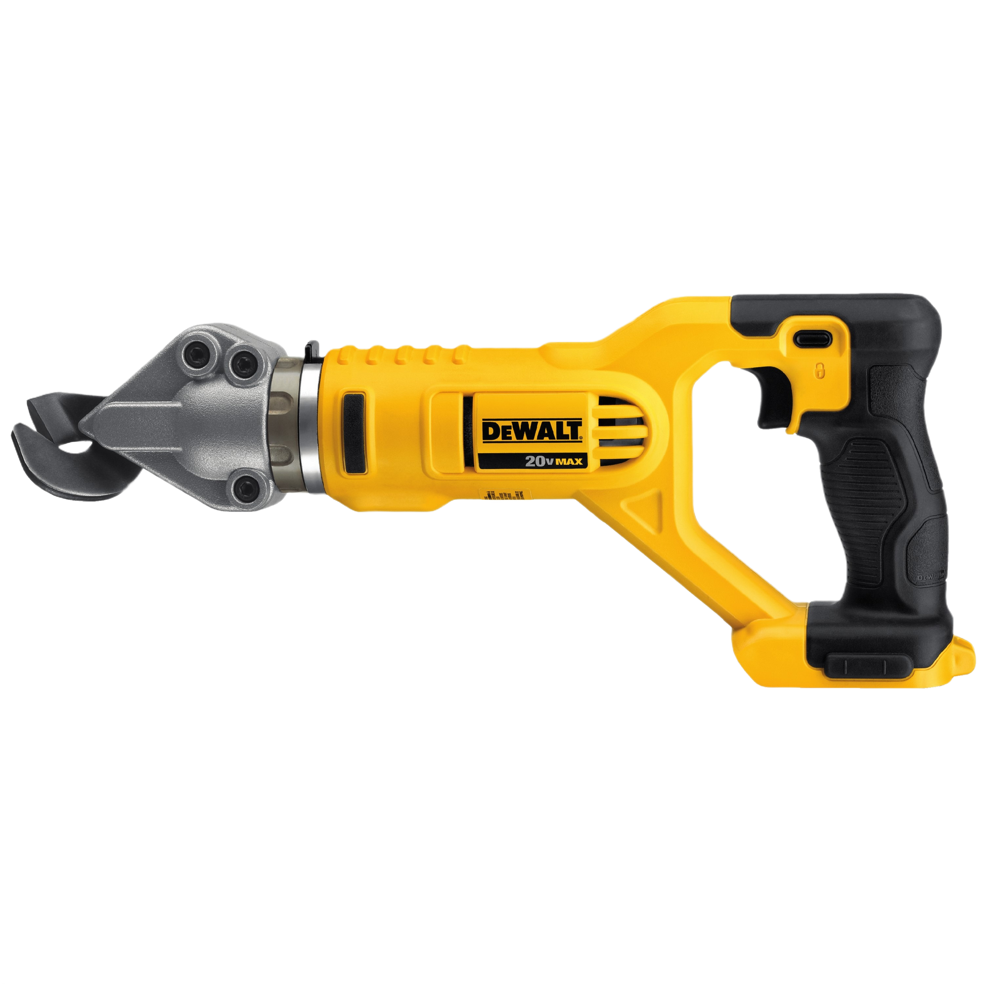 Cordless 20V offset metal shear with yellow body and black ergonomic handle for tools and home improvement use