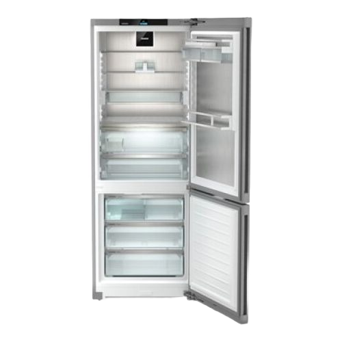 Freestanding bottom freezer refrigerator in stainless steel with open doors showing adjustable shelves in appliances collection