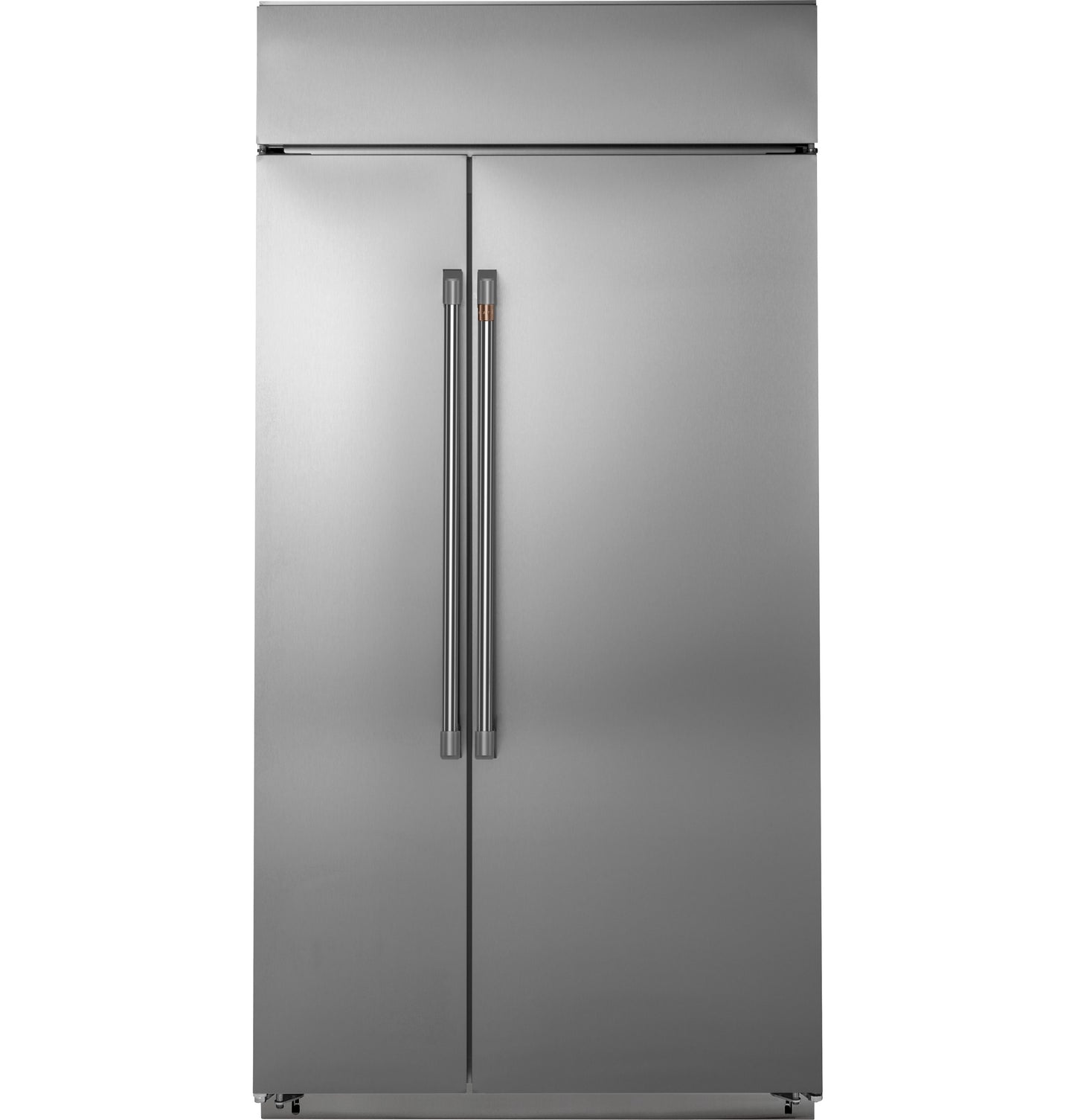 Built-in side-by-side stainless steel refrigerator with slim vertical handles for kitchen appliances and home improvement collections