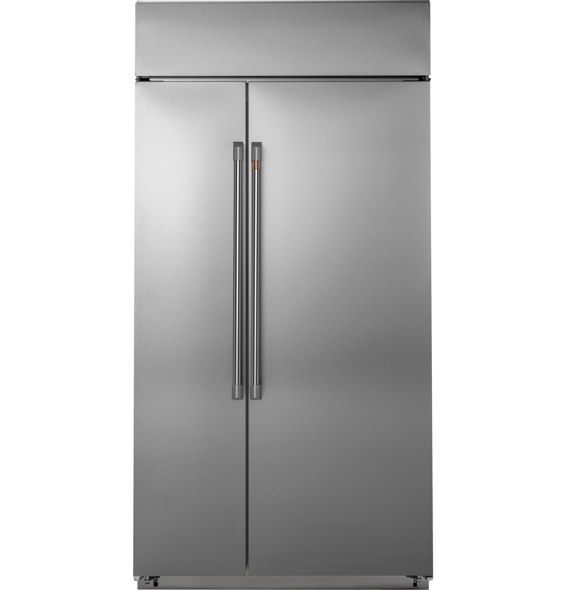 Built-in side-by-side stainless steel refrigerator with slim vertical handles for kitchen appliances and home improvement collections